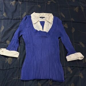EUC Purplish-Blue Ribbed Faux Shirt Sweater 3/4 length with White Collar -size L